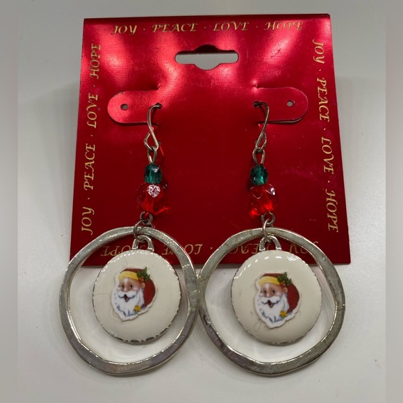 Christmas Santa Claus Silver Hoop Earrings - Picture 1 of 6